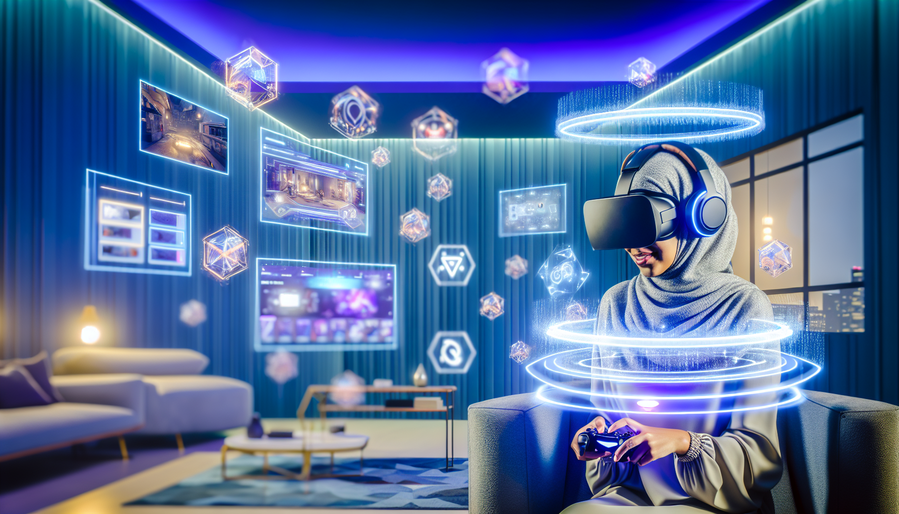 VRヘッドセットを装着してAI、VR/AR、ストリーミング技術が融合したデジタルエンターテインメント体験をする様子