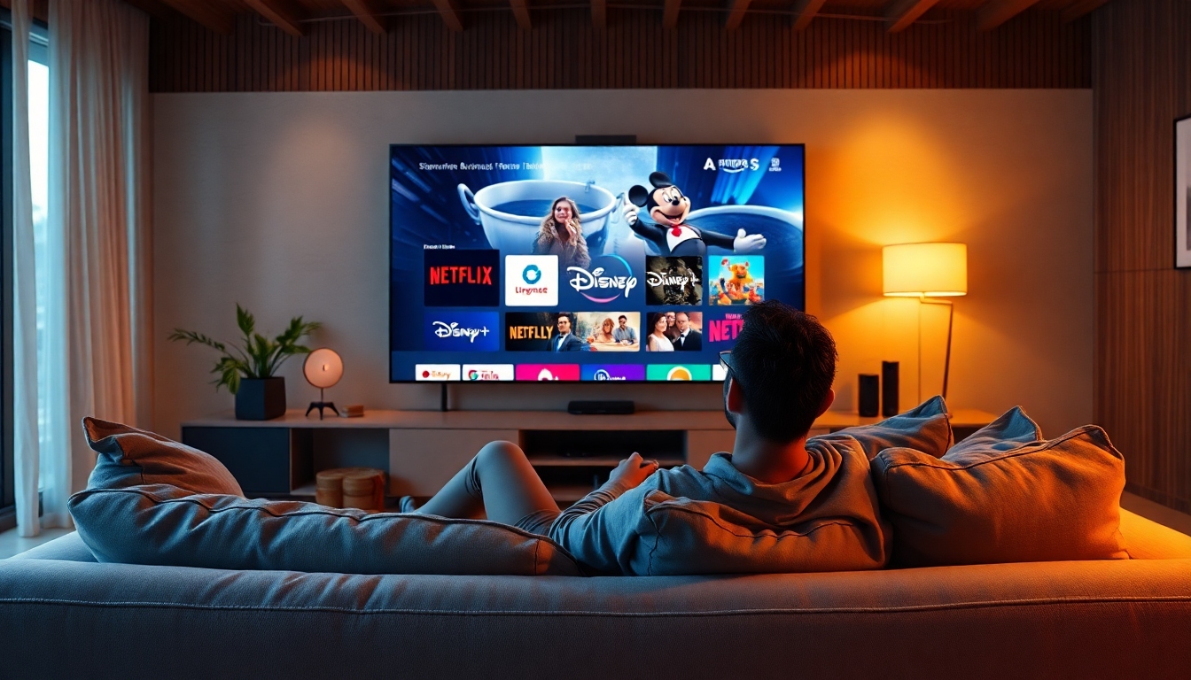 モダンなリビングルームで大画面テレビでストリーミングコンテンツを楽しむ様子