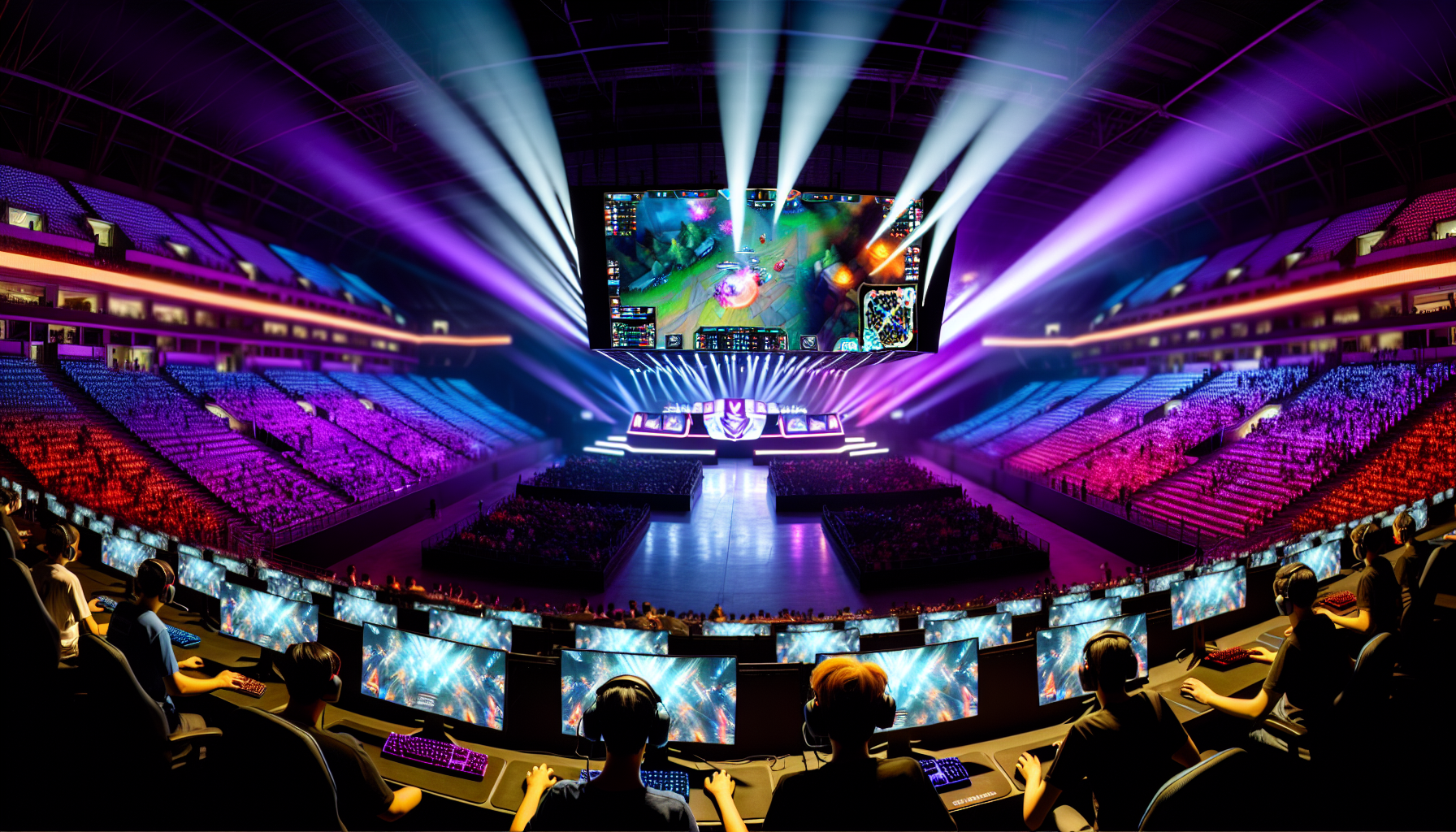 eスポーツ大会の興奮する会場とプロゲーマーたち